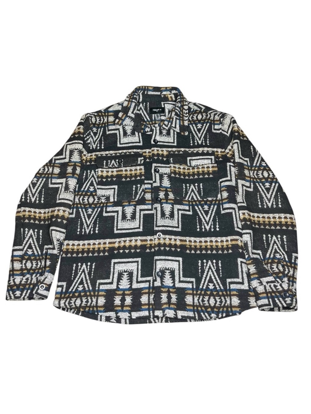 Forever 21 Men's Geometric Print Shirt Jacket - Black, White & Gold Accent